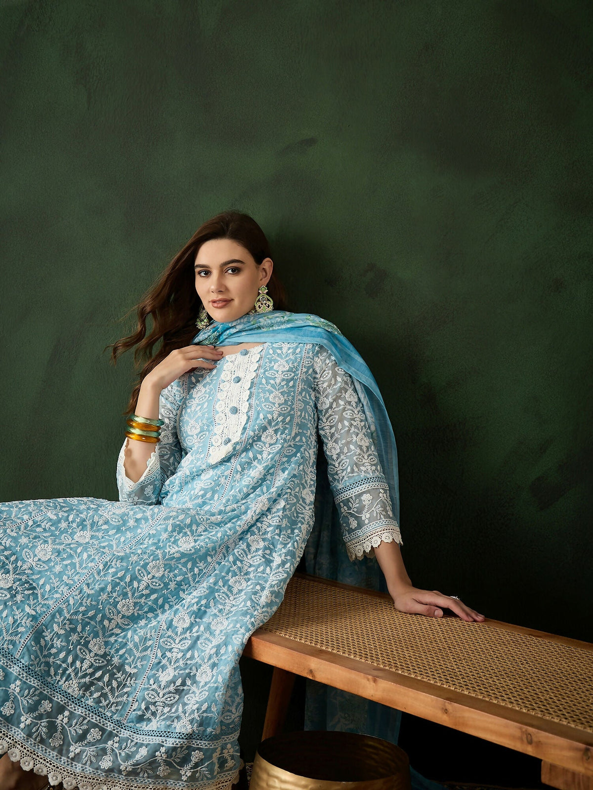 Blue Crystal Organza schiffli embroidery Kurta With Trouser & Dupatta - Bhumi | Grocsy