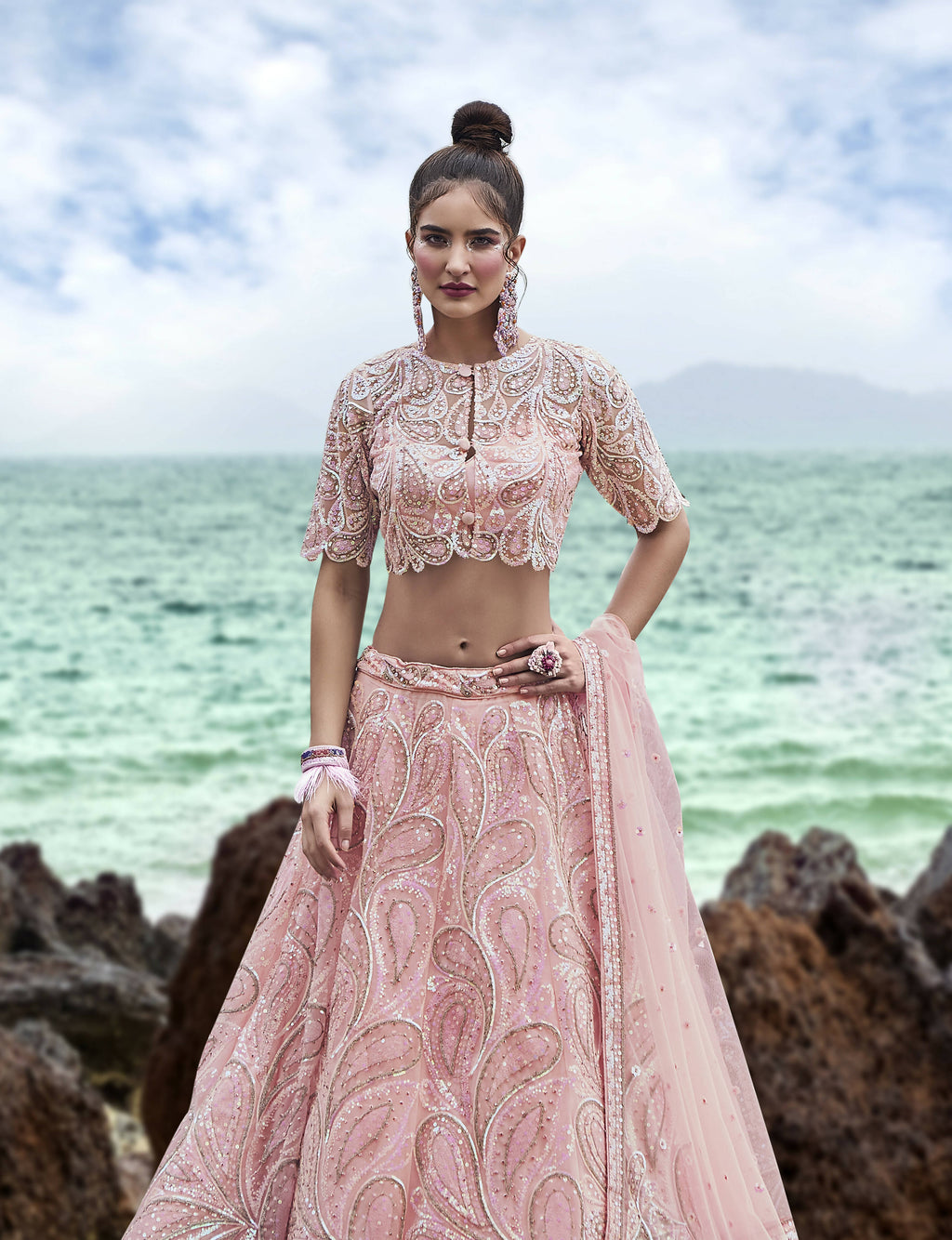 House of Panchhi Coral Net Multi Sequins with heavy Zarkan embroidery Lehenga choli & Dupatta | Grocsy