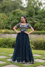 Vastranavya Premium Designer Faux Blooming with Coding Sequins Embroidery work Gown - Teal | Grocsy