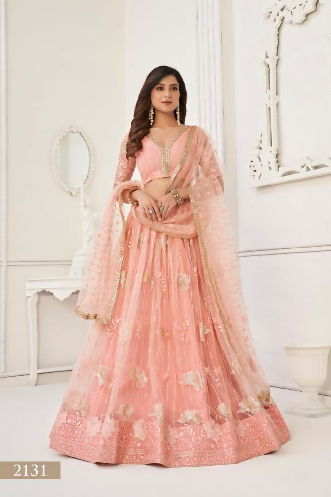 Aastha Fashion Peach Butterfly Net Tone To Tone Thread Work And Sequence Work Embroidery Wedding Wear Lehenga Choli | Grocsy