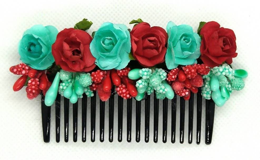 Light Green & Red Flower Hair comb | Grocsy