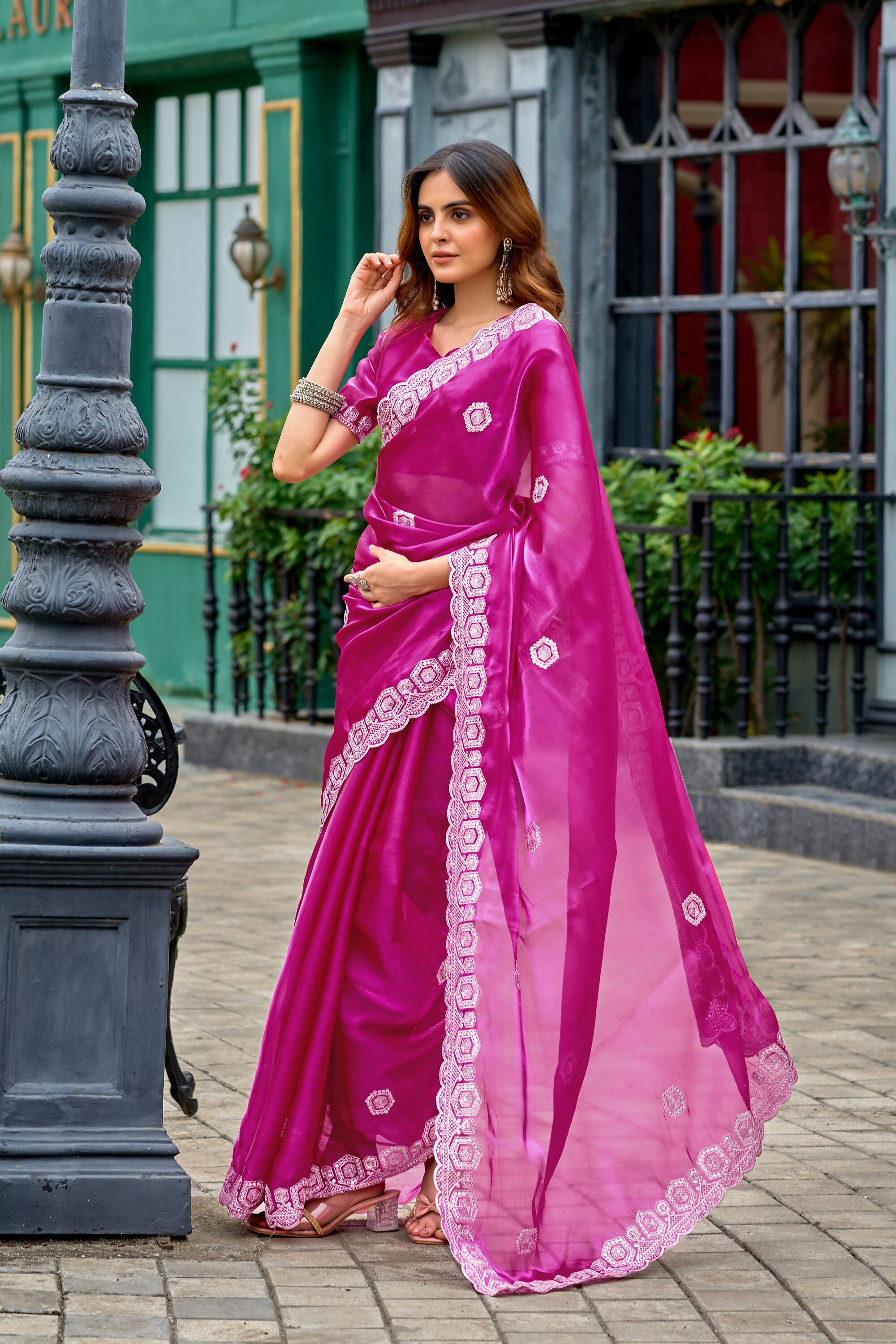 Vastranavya Pink Embroidery Work Shimmer Chiffon Saree with Unstitched Blouse | Grocsy