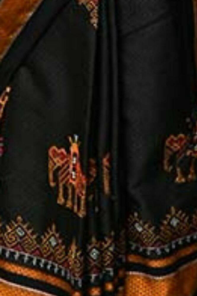 Very Much Indian Khun Saree Cotton Resham Handwoven Chrome Yellow & Black | Grocsy