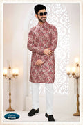Joban Fashion Men's Pinkish Red Straight Rayon Thread Embroidery All Over Kurta Set | Grocsy