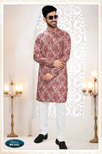 Joban Fashion Men's Pinkish Red Straight Rayon Thread Embroidery All Over Kurta Set | Grocsy
