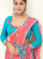 Light Pink Georgette Floral Printed Saree With Unstitched Blouse Piece - Jyoti | Grocsy