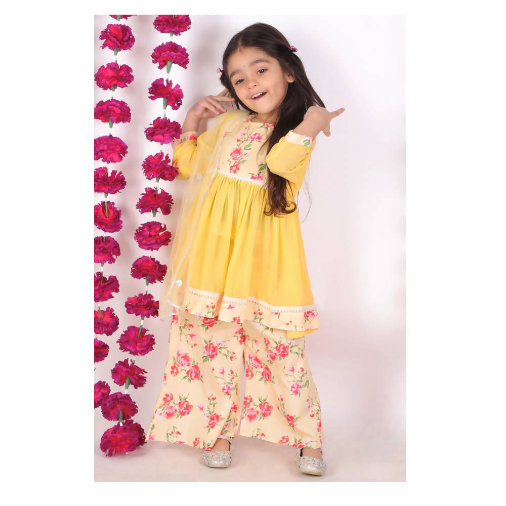 Little Bansi Girls Rose print Kurta Frock with Floral Plazzo and Dupatta - Yellow | Grocsy