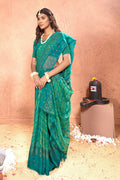 Sea Green Chiffon Foil Printed Saree with Unstitched Blouse Piece - Rajal | Grocsy