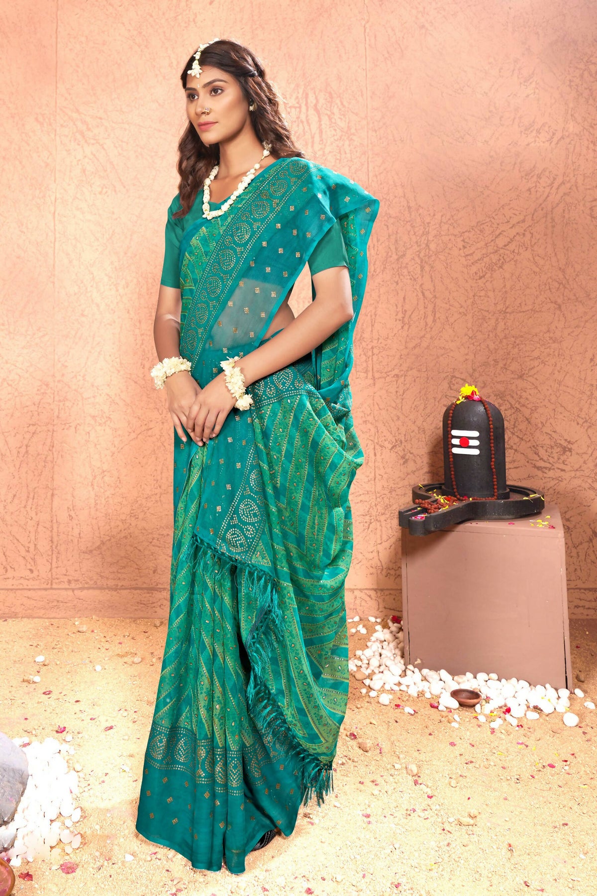 Sea Green Chiffon Foil Printed Saree with Unstitched Blouse Piece - Rajal | Grocsy