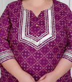 Miravan Plus Size Magenta Embroidered Cotton Kurta With Palazzo And Dupatta | Grocsy