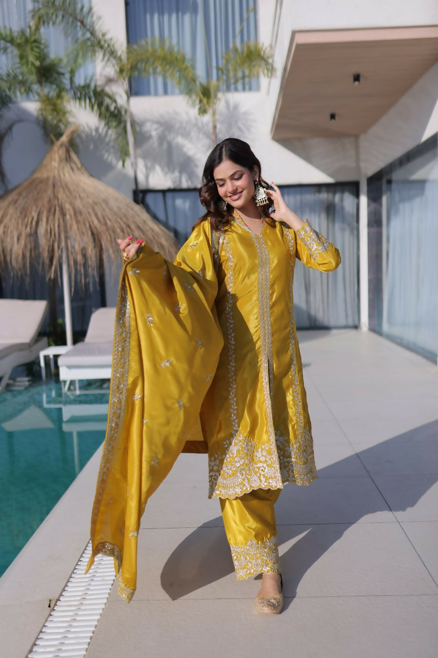 Teeya Creation Womens New Yellow Silk With Rich Zari Coding Embroidered Work Kurta Pant Set | Grocsy