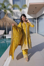 Teeya Creation Womens New Yellow Silk With Rich Zari Coding Embroidered Work Kurta Pant Set | Grocsy