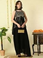 Myshka Women's Black Georgette Top & Skirt With Dupatta Party Sets | Grocsy