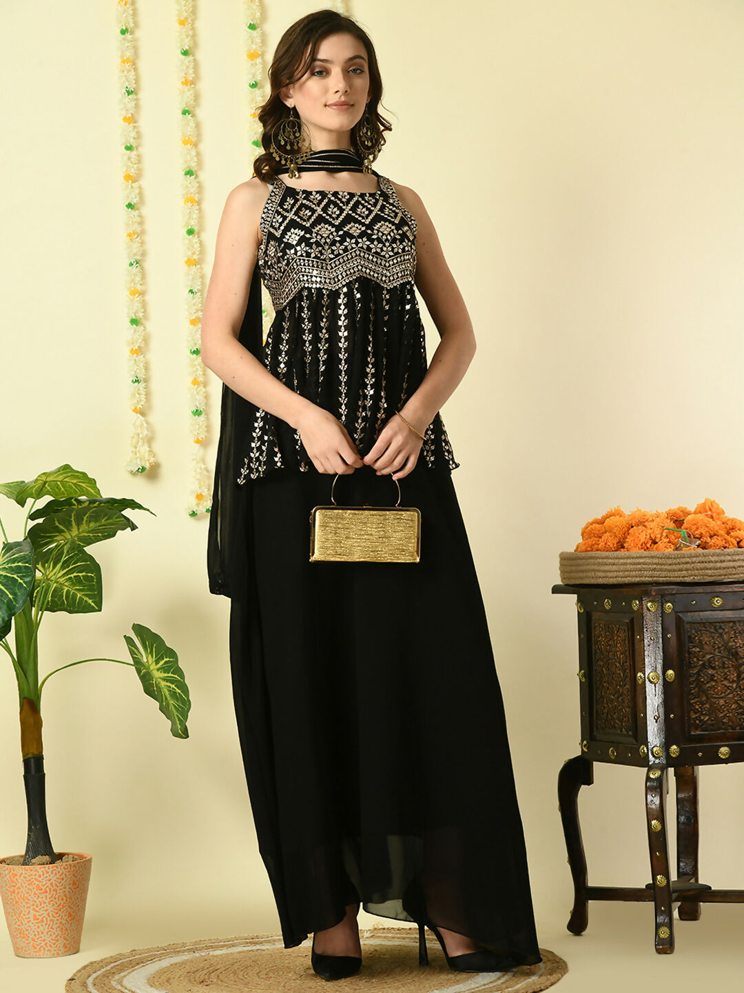 Myshka Women's Black Georgette Top & Skirt With Dupatta Party Sets | Grocsy