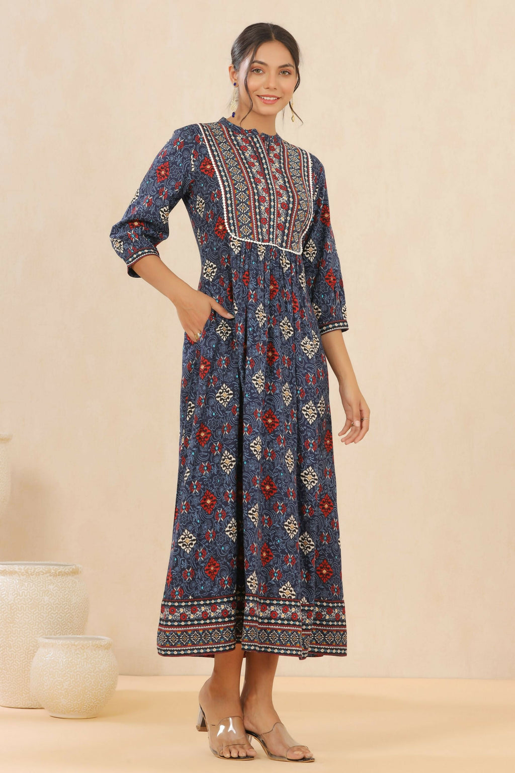 Juniper Indigo Floral Printed Rayon Maxi dress with Lace Work | Grocsy
