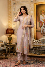 The52 Lavender Women's Beautiful Viscose Shimmer Fabric Embroidered Work Straight Kurta Pant and Dupatta Set | Grocsy