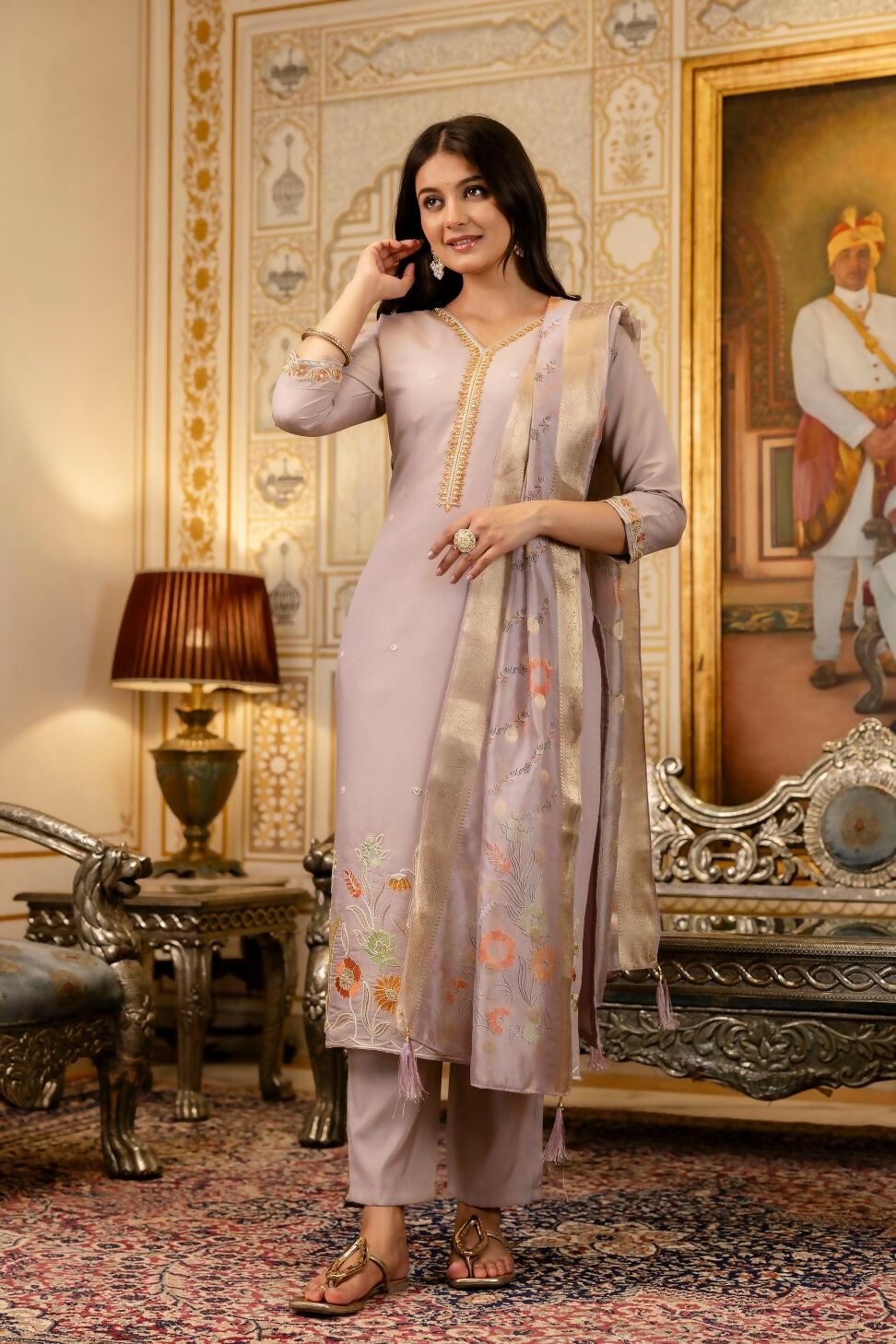 The52 Lavender Women's Beautiful Viscose Shimmer Fabric Embroidered Work Straight Kurta Pant and Dupatta Set | Grocsy
