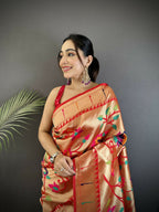Joban Fashion Reddish Pink Floral & Leaf Soft Silk Paithani Saree | Grocsy