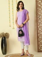 Myshka Women's Lavender Georgette Sleeveless Straight Party Kurta With Dupatta Set | Grocsy