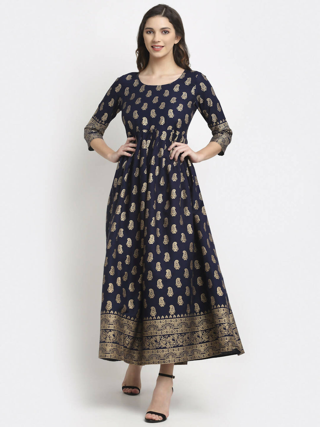 Rudra Bazaar Gold Printed A-Line Blue Kurti | Grocsy
