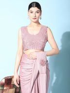 Pink Imported Crush Lycra Texture Pattern Ready to Wear Saree with stitched Blouse - Nirvana | Grocsy