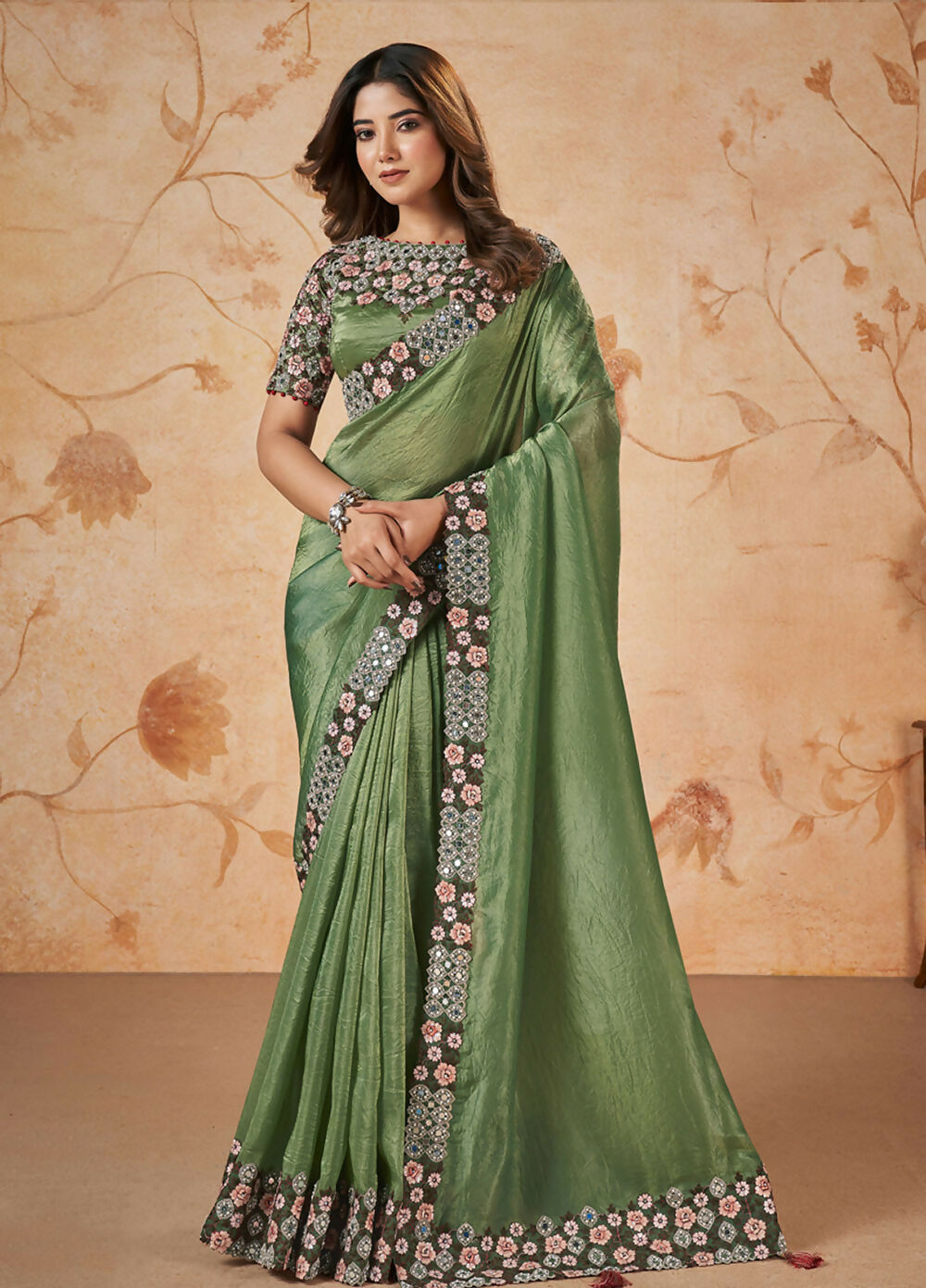 Green Banarasi Crush Silk Thread, Sequence, Cord Embroidered with Stone & Mirror Work Saree - Mohmanthan Dakshika | Grocsy