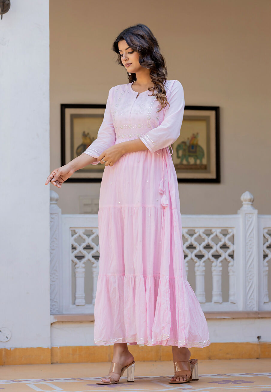 Kaajh Women's Light Pink Embroidered Ethnic Dress | Grocsy