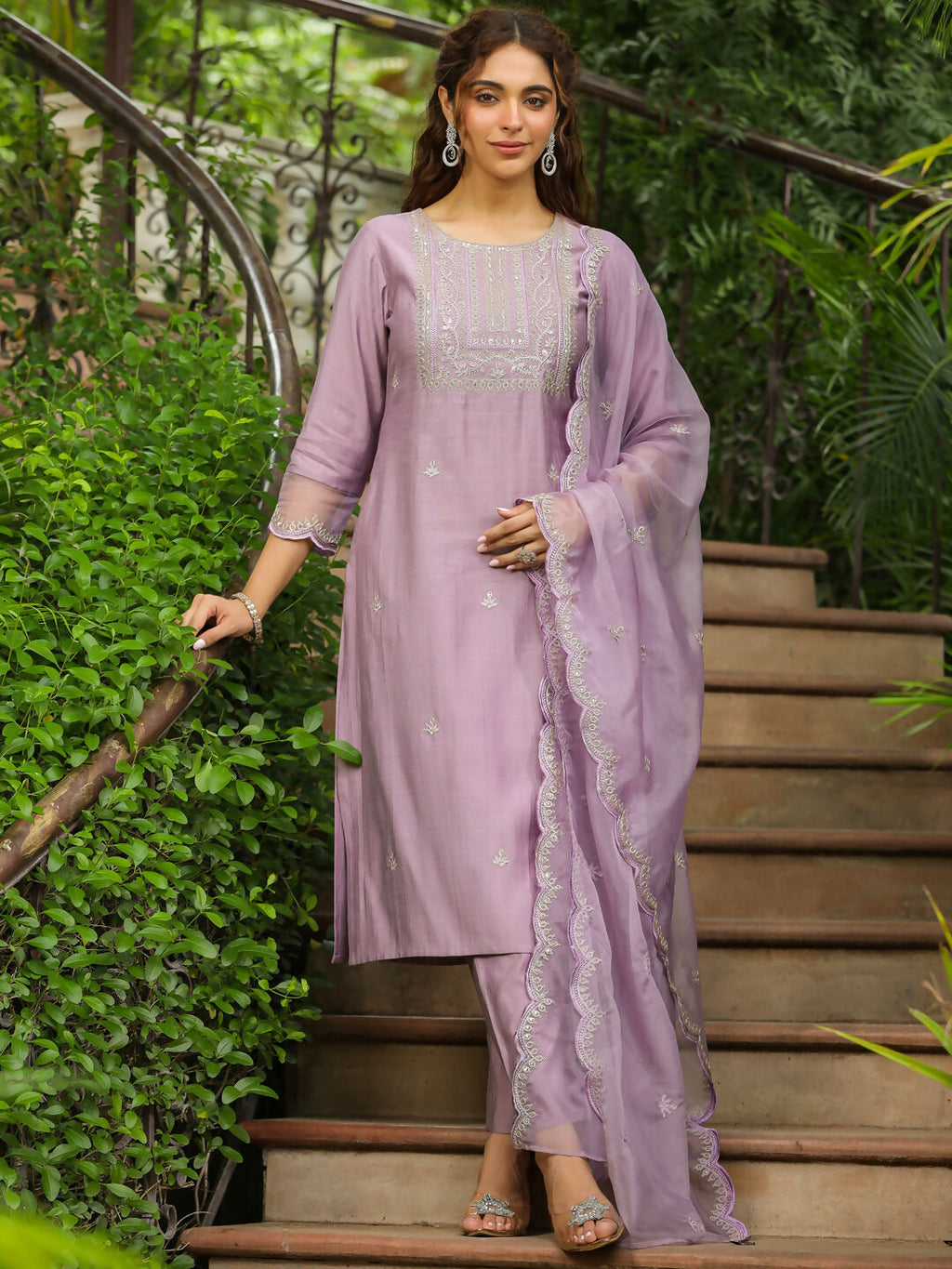 Janasya Lavender Silk Blend Solid Kurta,Bottom & Dupatta | Grocsy
