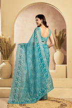 Vastranavya Sky Blue Digital Printed Linen Ready To Wear Designer Saree with Unstitched Blouse | Grocsy