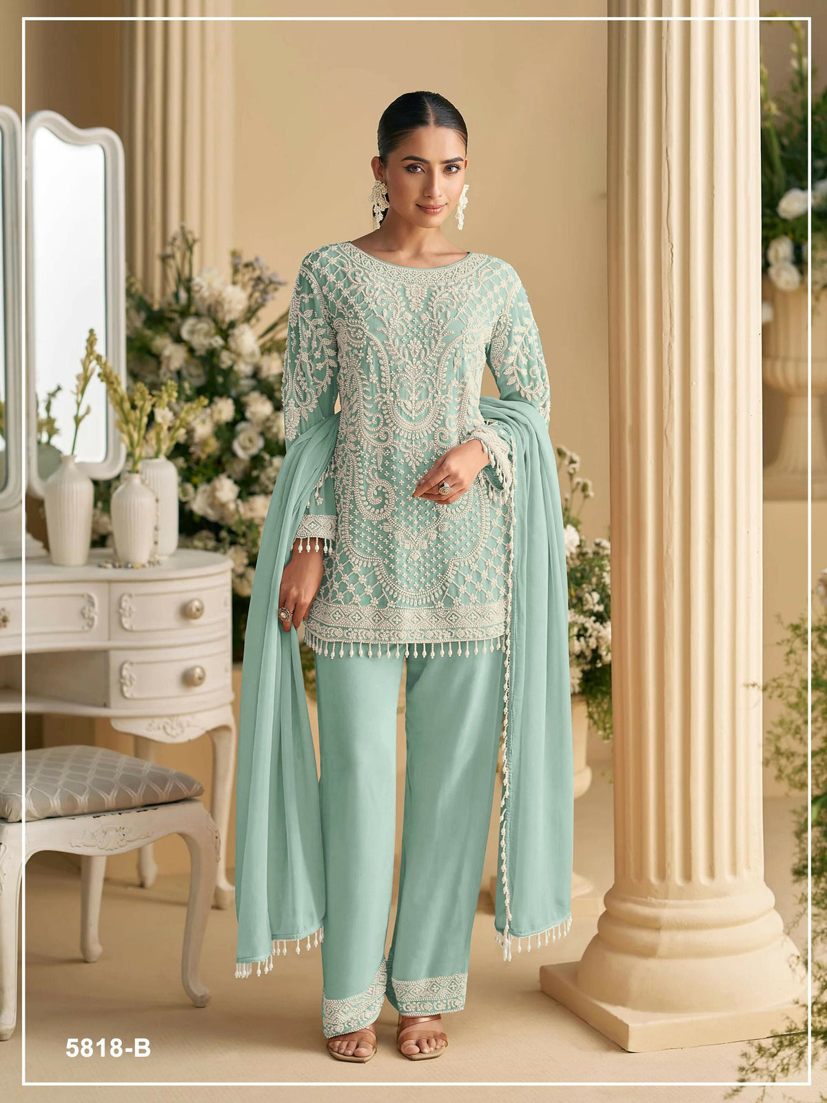 Anaita Sky Blue Georgette Stitched Suit with Embroidered Beads & Sequence Work | Grocsy