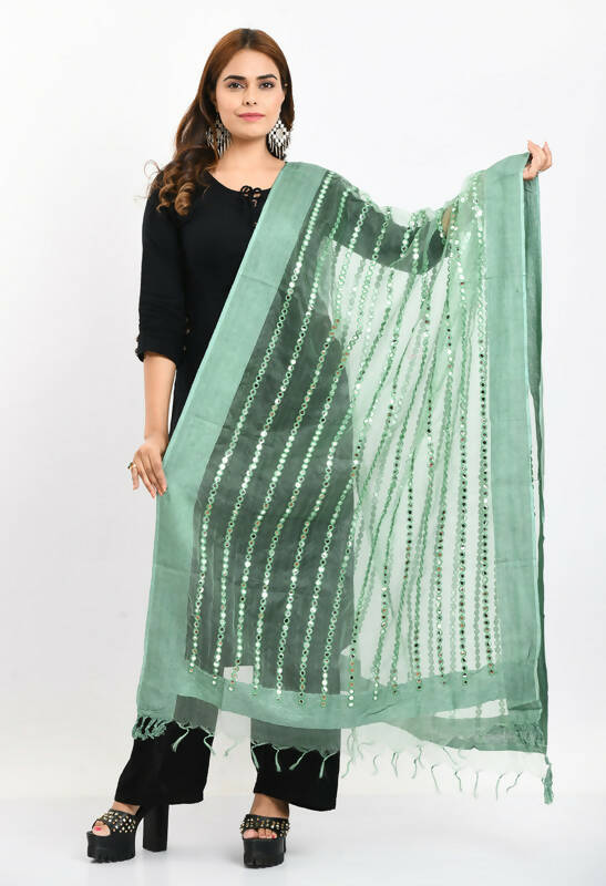 Mominos Fashion Moeza Women's Orgenza Mirror Stripe Thread Work Pista Green Dupatta | Grocsy