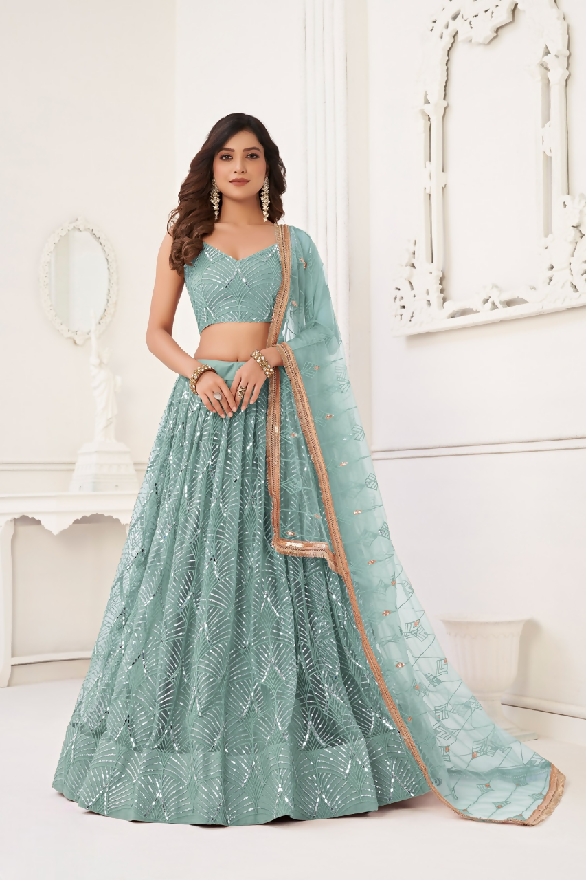 Eilara Glamorous Ocean Blue Net With Sequins And Thread Embroidery Real Mirror Work Lehenga Choli For Wedding | Grocsy