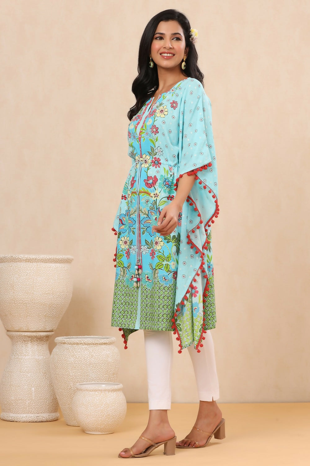 Juniper Sky Blue Floral Printed Calf-Length Rayon Kaftan. | Grocsy