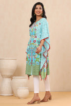 Juniper Sky Blue Floral Printed Calf-Length Rayon Kaftan. | Grocsy