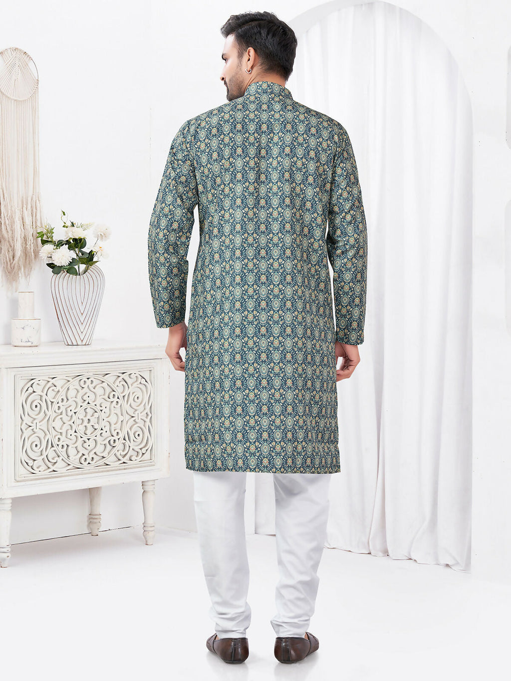 Joban Fashion Men's Rayon Cotton BLUE Printed Kurta Pyjama set | Grocsy