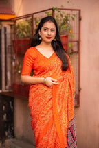 Orange Silk Blend Ajrak Saree with Unstitched Blouse - Hiral Fashion | Grocsy