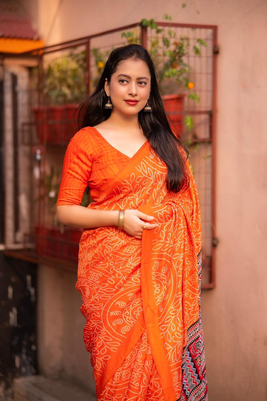 Orange Silk Blend Ajrak Saree with Unstitched Blouse - A2M | Grocsy