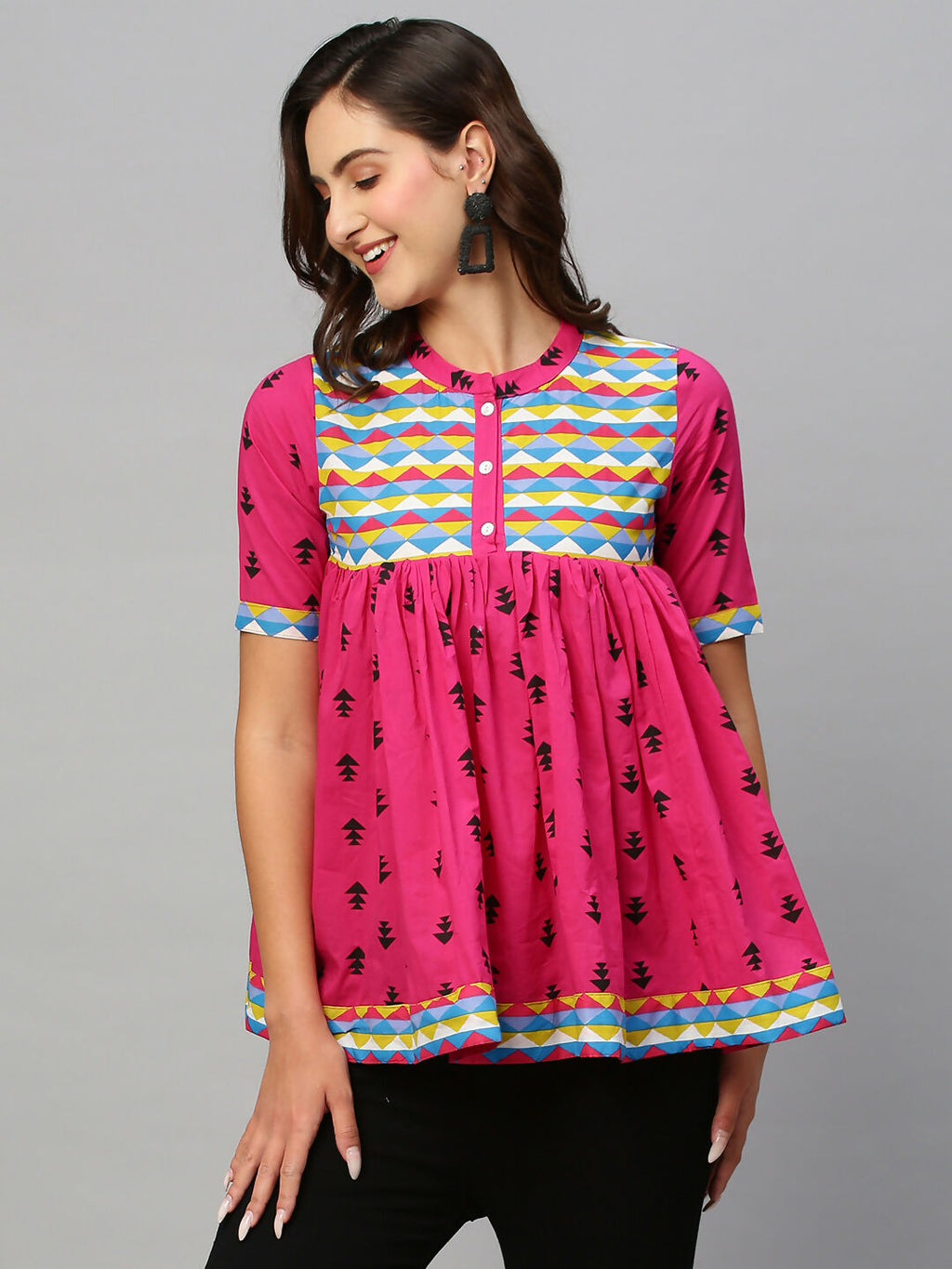 Pink & Black Pure Cotton Printed A-Line Top - Bosky | Grocsy