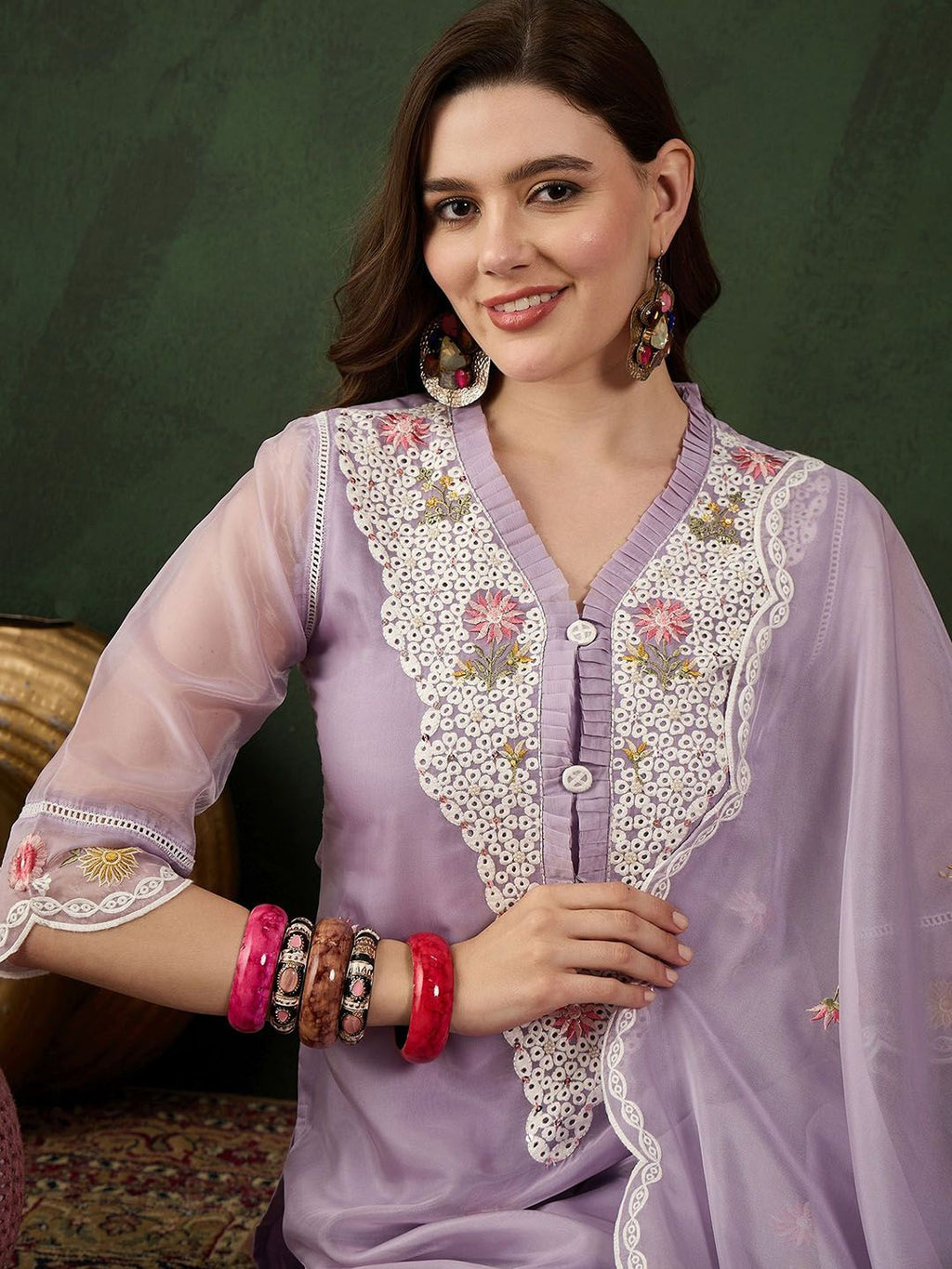 Sangria Embroidered Kurta With Trouser & Dupatta Set | Grocsy