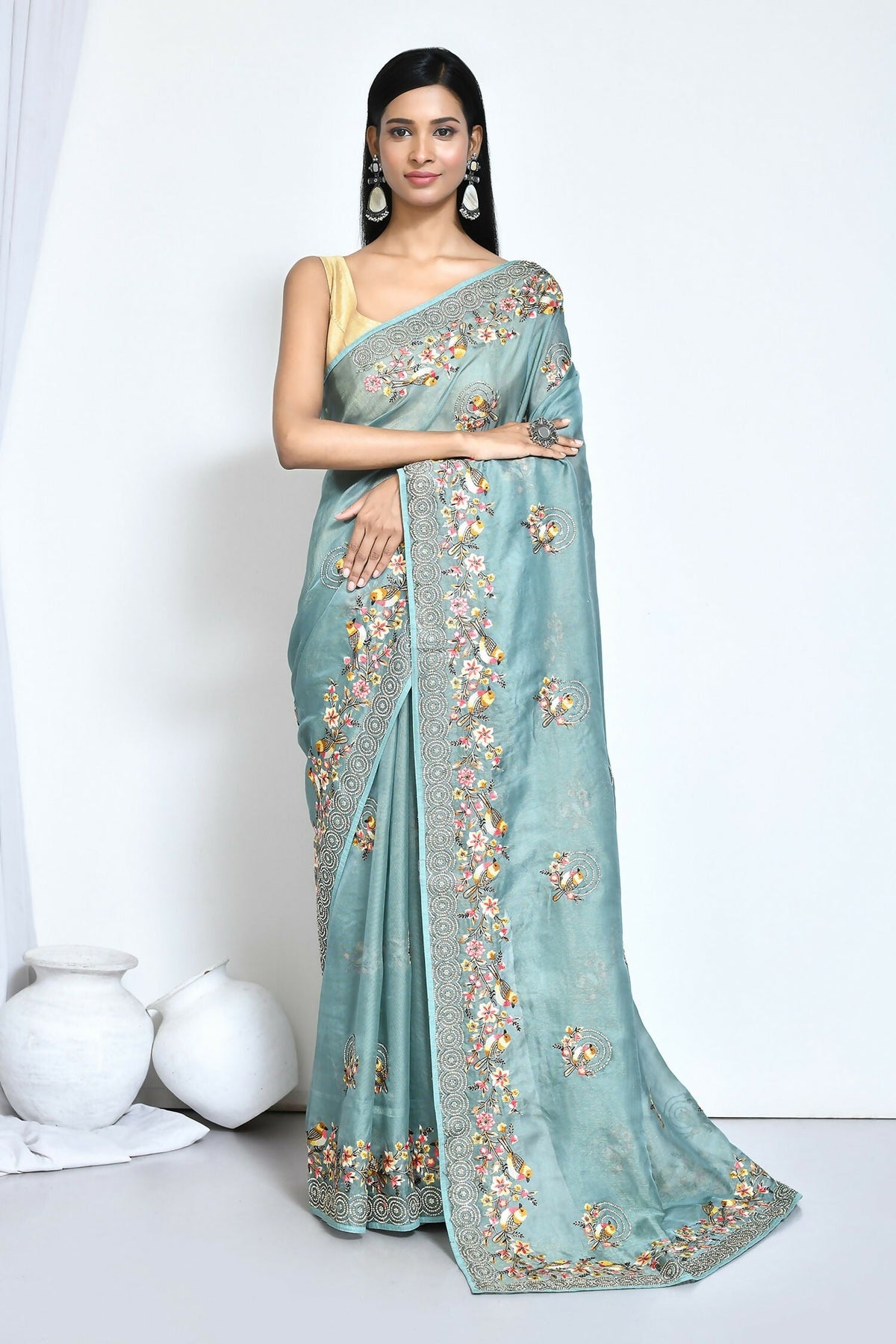 Blue Net Organza Silk Thread Emboidered with Stone Work Saree - Nimaya Benzy | Grocsy