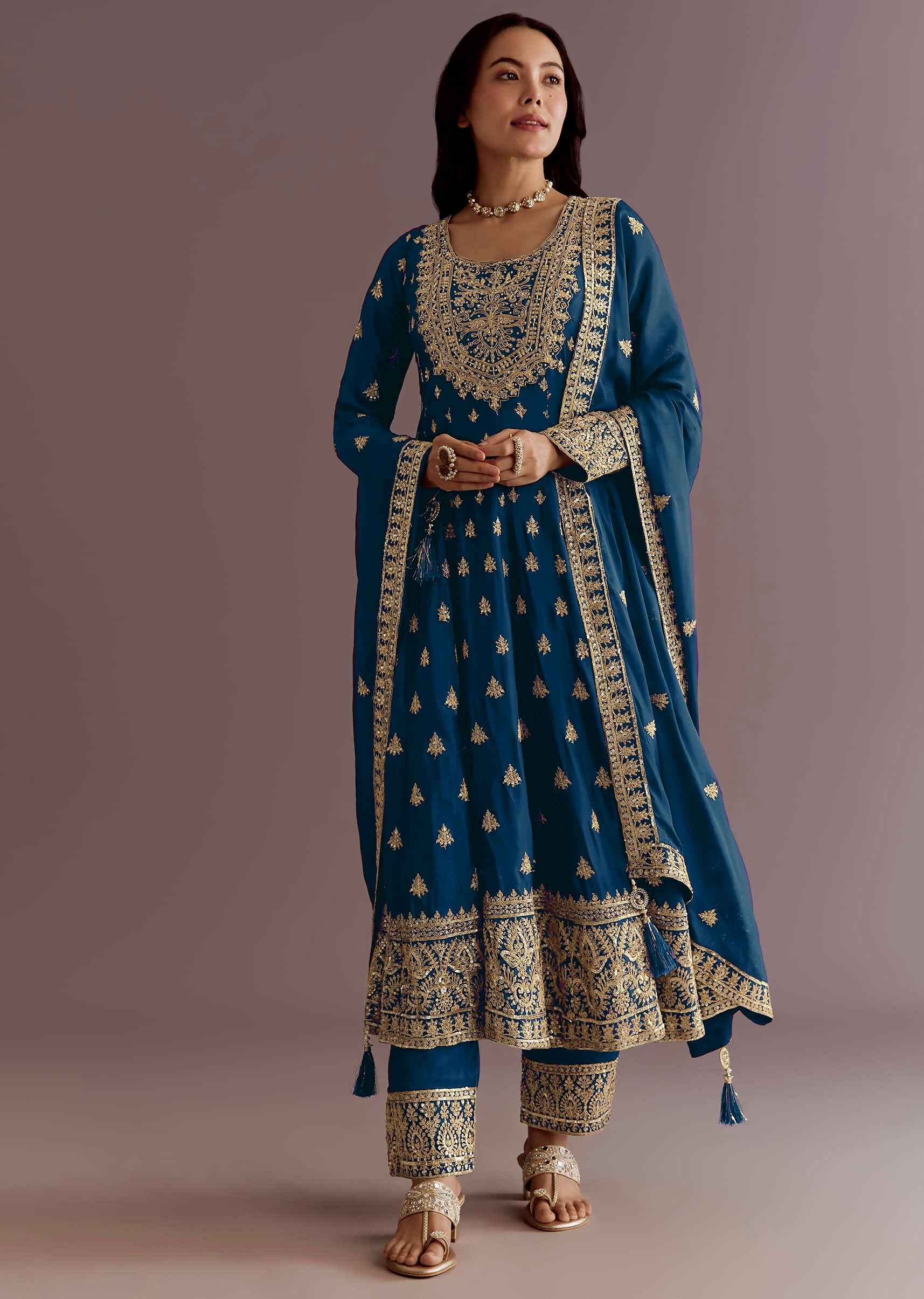 Teeya Creation Morpich Color Chinon Silk Embroidery Work Wedding Wear Gown | Grocsy