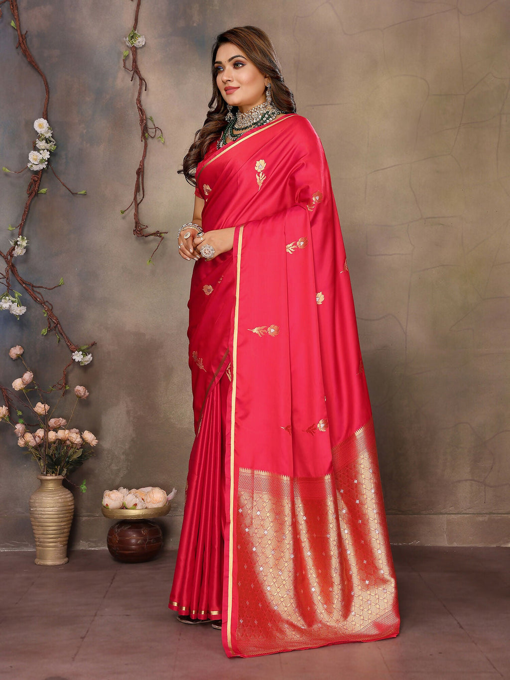 Joban Fashion  Brick Red Floral & Botanical Motifs Satin Silk Banarasi Silk Saree | Grocsy