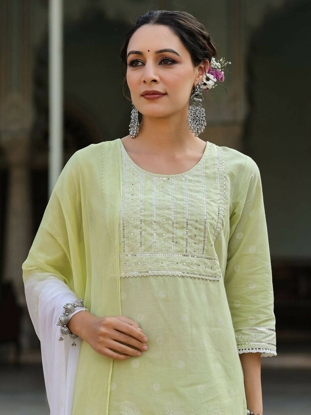 Juniper Women's Lime Green Cambric Floral Print Kurta Sharara Sets | Grocsy