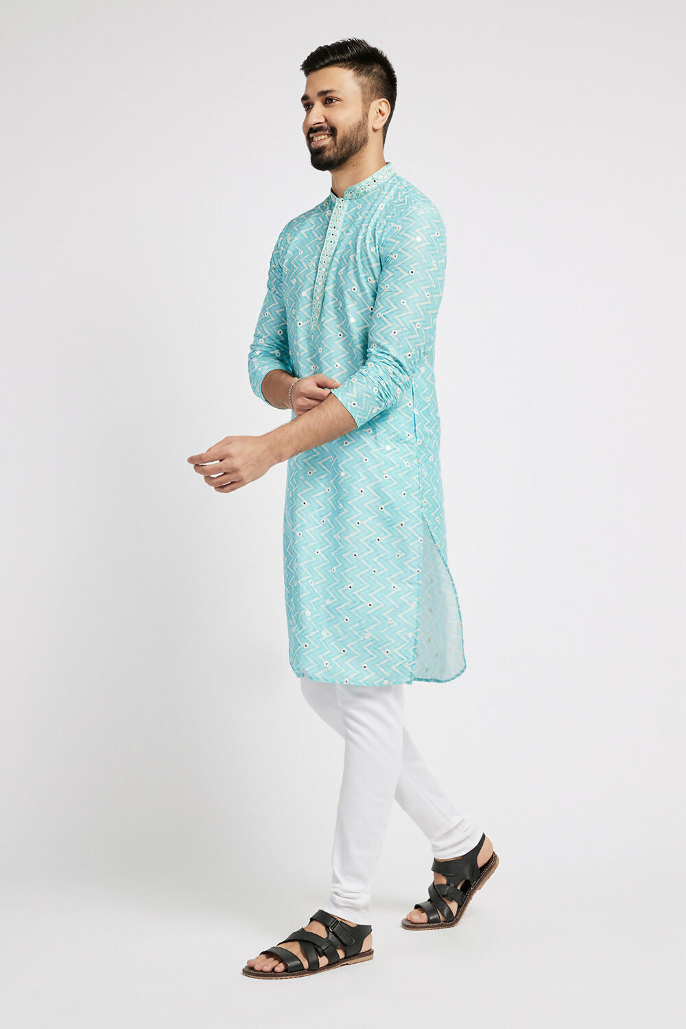 Ethnic India Blue Men's Kurta Embellished Polyester | Grocsy