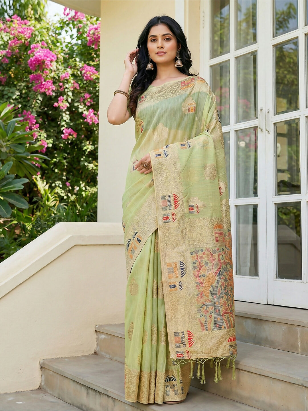 Shree Shyam Fashion Light Green Linen Cotton Saree | Grocsy