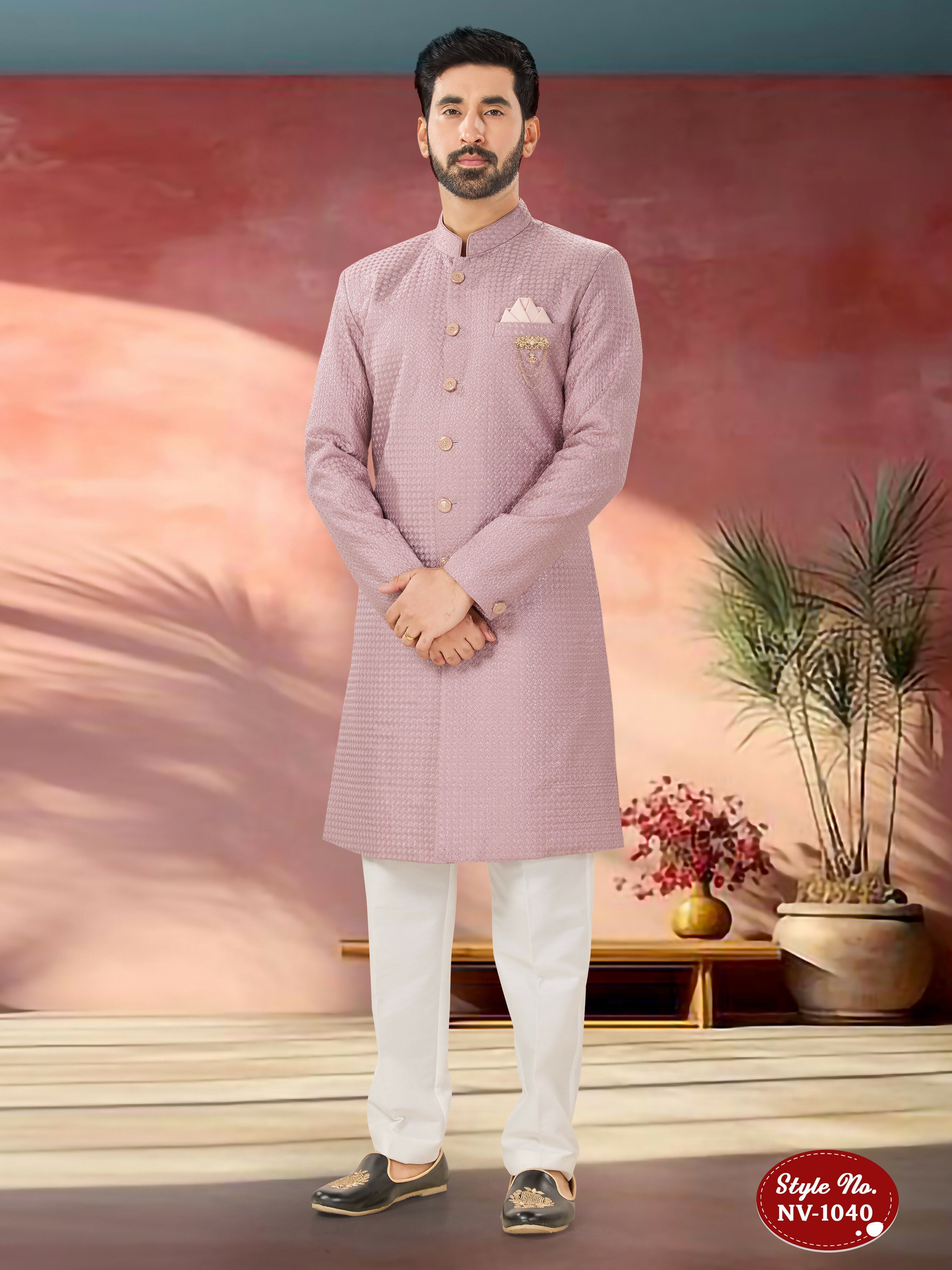 Joban Fashion Men's Pink Straight Silk Thread And Sequence Embroidary All Over Indo-Western Kurta Set | Grocsy