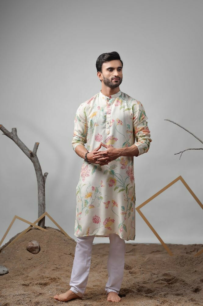 White Muslin Designer Printed Kurta Set - Mahotsav | Grocsy