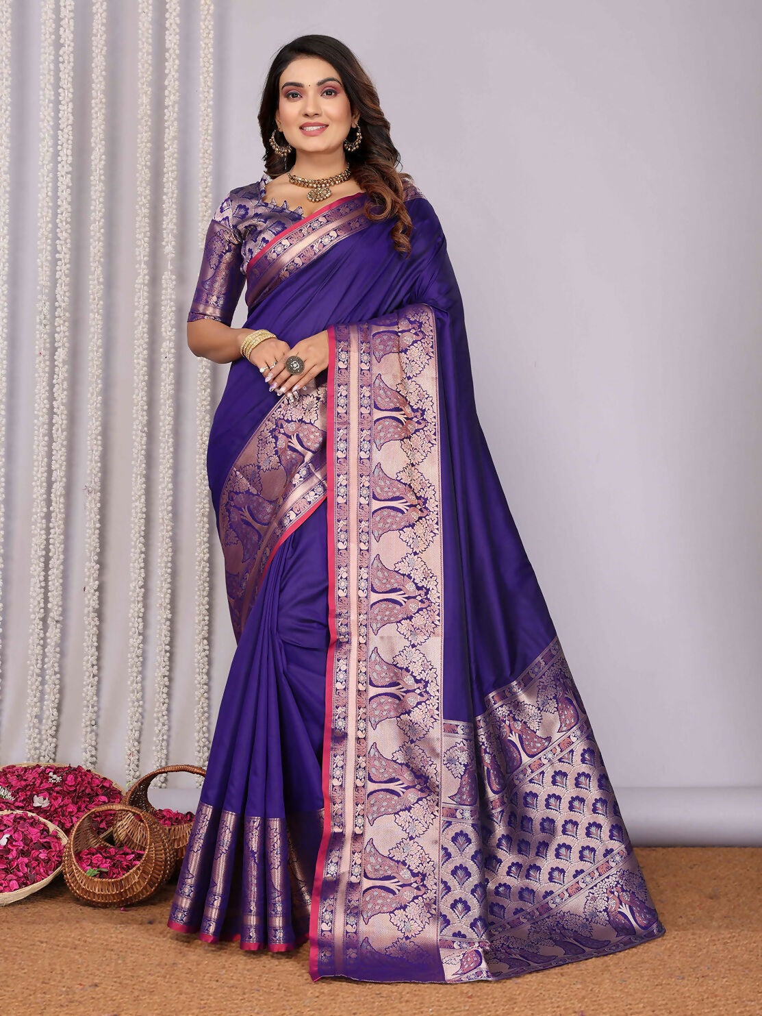 Joban Fashion Purple Woven Banarasi Silk Sarees | Grocsy