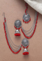 Mominos Fashion Johar Kamal Bahubali Red Beads Earrings With Tikka