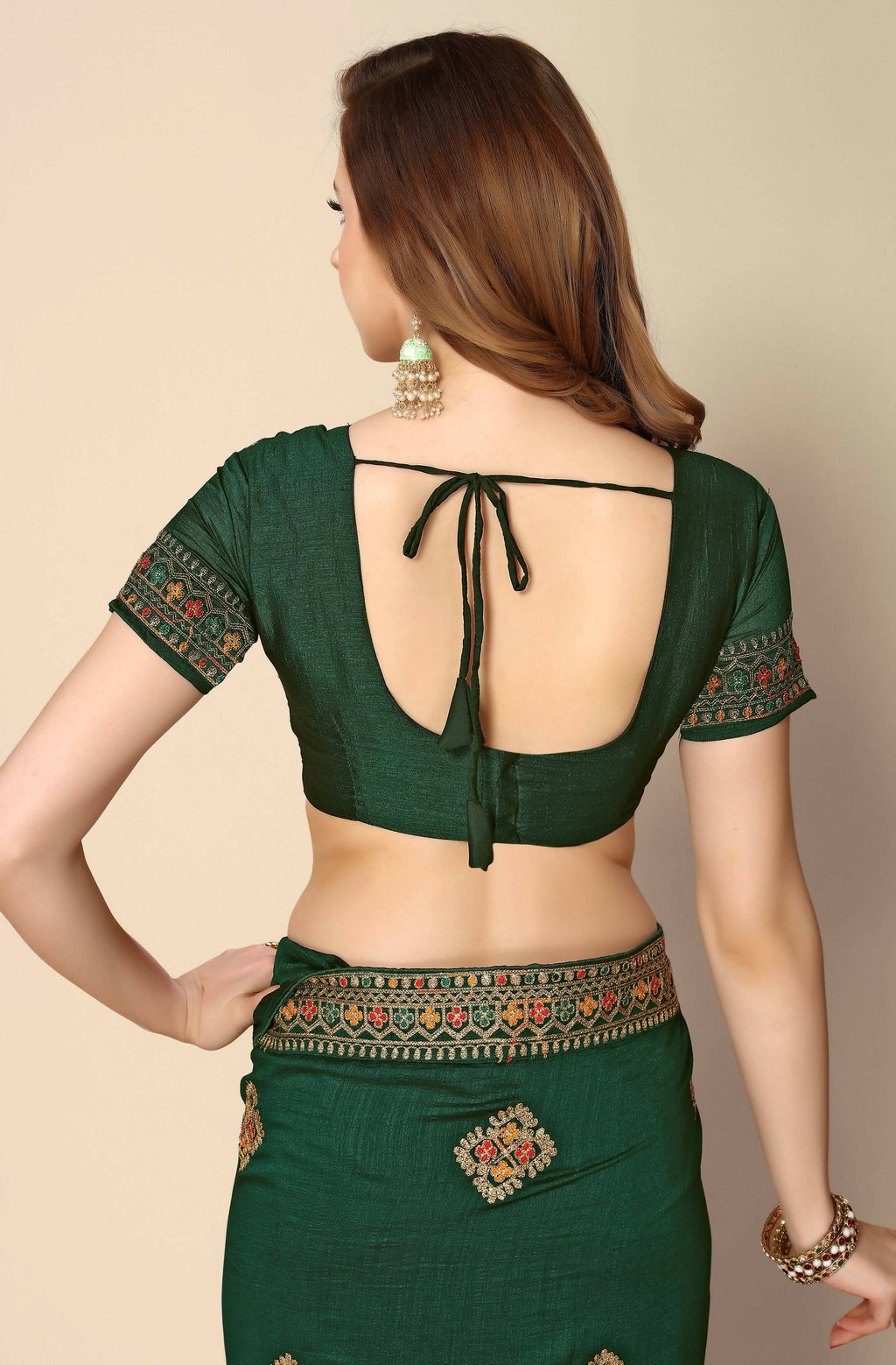 Green Chinon Embroidered Saree with Unstitched Blouse Piece - Roozal | Grocsy